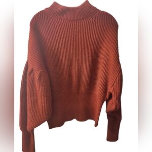 Zara Rust Puffed Sleeve Ribbed Mock Neck Sweater Size L